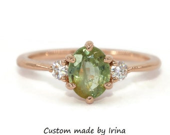 Custom Made 1 carat oval Green 3 Stone Montana Sapphire Engagement Ring