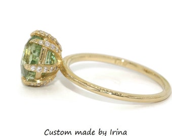 3 carat Pastel Teal Green Sapphire Ring With 8 Claw Diamond Prongs