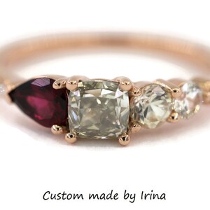 One Of A Kind Gray Diamond Ombre Cluster Ring Engagement Ring with pear ruby stone by Irina