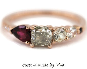 Linear Ombre Diamond + Rubellite Tourmaline Cluster Ring