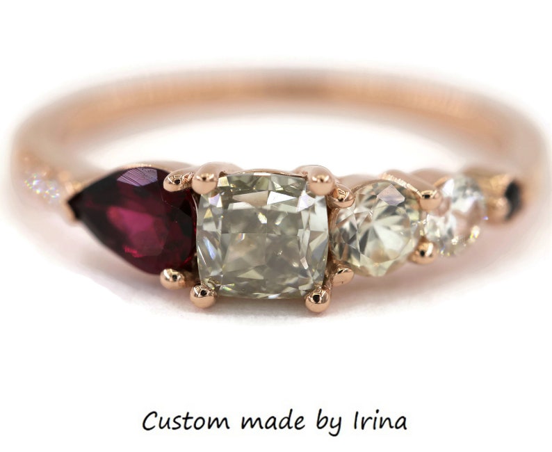One Of A Kind Gray Diamond Ombre Cluster Ring Engagement Ring with pear ruby stone by Irina