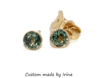 Teal Blue Green Bezel Sapphire Stud Earrings 14k Yellow Gold: Ready to ship