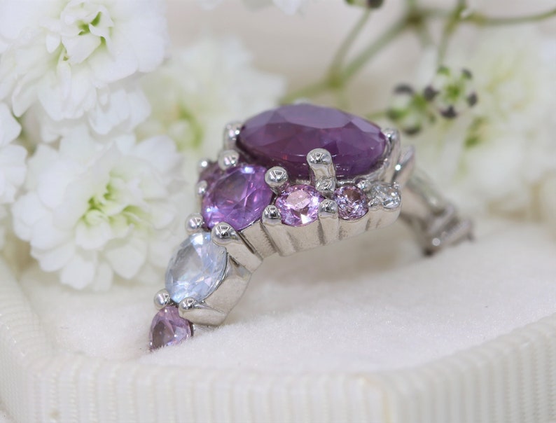 Ombré 2 carat Purple Pink Oval Sapphire Half Moon Celestial Crescent Sapphire Ring by Irina