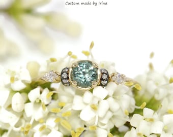 Teal Blue Green Round Montana Sapphire and Kite Diamonds 3 stone Ring with Vintage Inspired Details