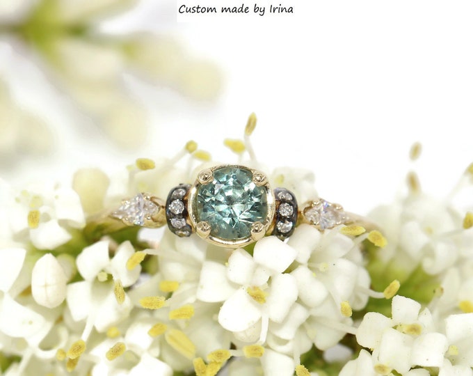 Featured listing image: Teal Blue Green Round Montana Sapphire and Kite Diamonds 3 stone Ring with Vintage Inspired Details