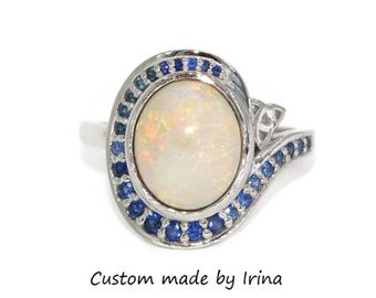 Natural Opal Bypass Sapphires Pave Ring with Celtic Triangle Pattern