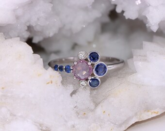 Crescent Half Halo Cluster Ombre Pink and Blue Sapphire Ring Custom Made