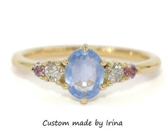1 carat Sky Blue Oval Natural Sapphire 5 Stone Ombre Cluster Ring