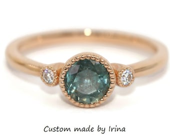 1 carat Teal Blue Green Natural Sapphire and Diamonds Three Stone Engagement Ring