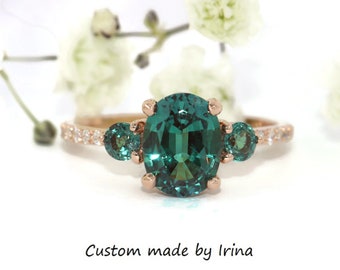 Custom Made 14k Solid Gold Oval Lab Alexandrite 3 Stone Ring