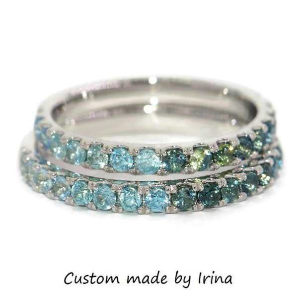 Farbverlauf Ombre Teal Blau Grün Saphire Halbe Ewigkeit 14k Solid Gold Hochzeit Ring