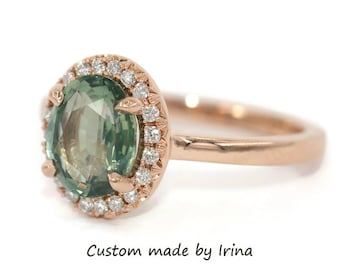 3 carat Oval Green Sapphire Engagement Ring with French Cut Diamond Halo