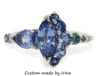 1 carat Blue Marquise Natural Sapphire Cluster Engagement Ring