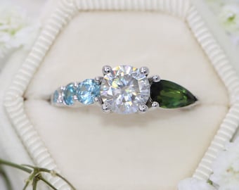 Moissanite Engagement Ring, Green Tourmaline - Blue Zircon Cluster Engagement Ring by Irina, Teal Green Colorful Gemstones Proposal Ring