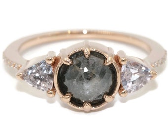 Rose Cut Diamond 3 Stone Rustic Ring with Triangle Side Stones