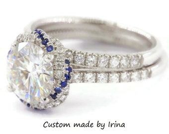 8 mm Moissanite Engagement Rings Set with Natural Diamonds and Sapphires Double Halo