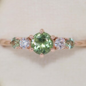 Green Unheated Montana Sapphire Ring, Round Teal Five Stone Unheated Natural Montana Sapphire Ring, 5 stone rings by Irina