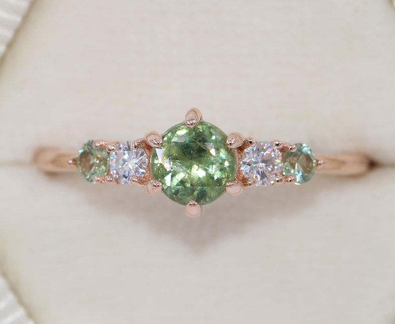 Green Unheated Montana Sapphire Ring, Round Teal Five Stone Unheated Natural Montana Sapphire Ring, 5 stone rings by Irina