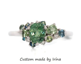 Custom Made Teal Blue Green 1.3 ct Oval Sapphire Cluster Ombre Ring