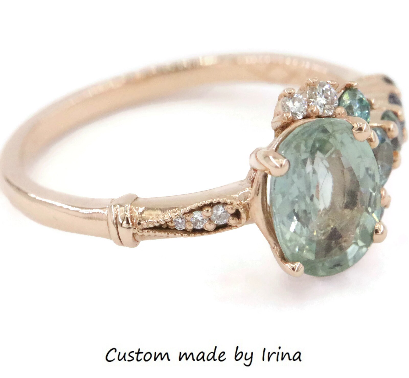 Sea Foam Green Sapphire Asymmetric Cluster Ring