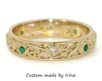 4 mm Wide Scroll Filigree Vine Leaf Lacework Eternity Ring with Alternating Diamonds + Emeralds