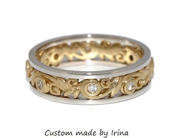 Mixed 14k Yellow and 14k White gold Vine Leaf Scroll Pattern Eternity Wedding Ring