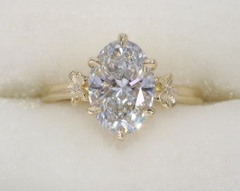 Custom Made 2 carat IGI Certified Lab Diamond 6 Prongs Solitaire Cathedral Ring with Plumeria Flowers