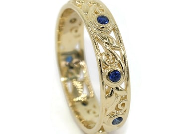 Lace Scroll Filigree Leaves Vines Whimsical Sapphire Eternity Wedding Ring