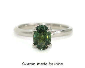1.55 carat Unheated Teal Green Natural Sapphire Platinum Solitaire Engagement Ring