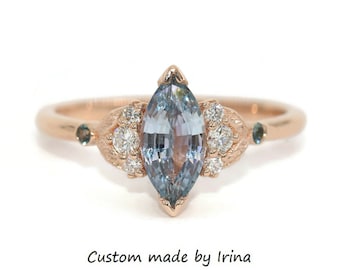 Custom 1 carat Marquise Natural Sapphire Hand Carved Leaf Engagement Ring