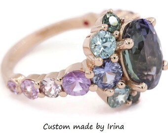 Ombre Half-Moon Crescent Halo 2 carat Oval Natural Tanzanite Cluster Ring