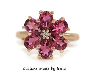 3 carat Pear Flower Pink Natural Tourmaline Ring Custom-made