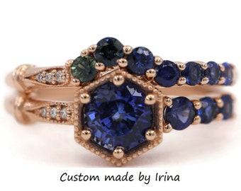1 carat Blue Natural Sapphire Hexagon Frame Cluster Engagement Rings Set