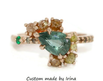 1.5 carat Pear Green Sapphire Ombre Cluster Engagement Ring