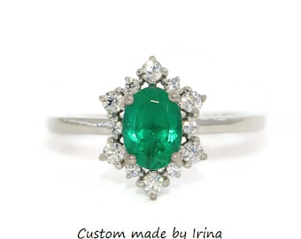 Custom Snowflake Halo Oval Emerald Ring
