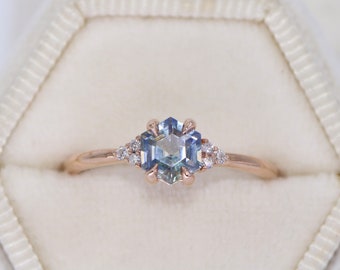 Sky Blue Hexagon Natural Sapphire and Diamonds Engagement Ring 14k Rose Gold