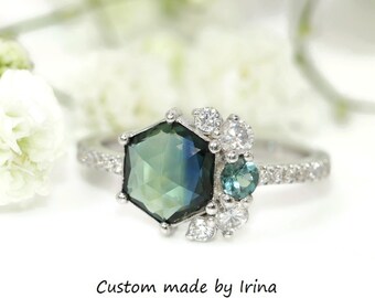 Blue Green Hexagon Sapphire Cluster Ring by Irina