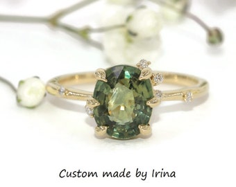 2 carat Oval Green Sapphire Cluster Ring with Scattered Diamonds