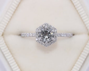 1 carat Hexagon Salt and Pepper Natural Diamond Engagement Ring