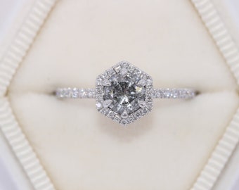 1 carat Hexagon Salt and Pepper Diamond Engagement Ring