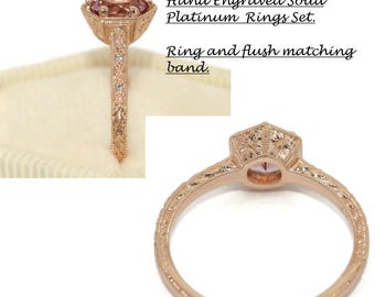 Custom Platinum Ring and Matching Band Hand Engraved. Reserved for Jeannine Lara