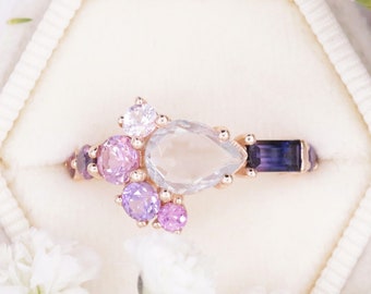 Ombre Pink Purple Pear Sapphire Cluster Ring