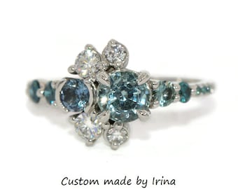 Cluster Ombre 1 carat Teal Blue Montana Sapphire Half-moon Halo Engagement Ring