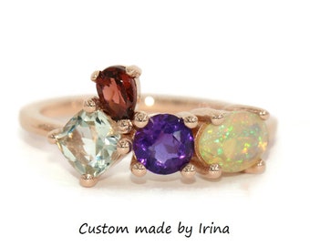 Custom-made Multi Stone Colorful Cluster Ring 14k Solid Gold