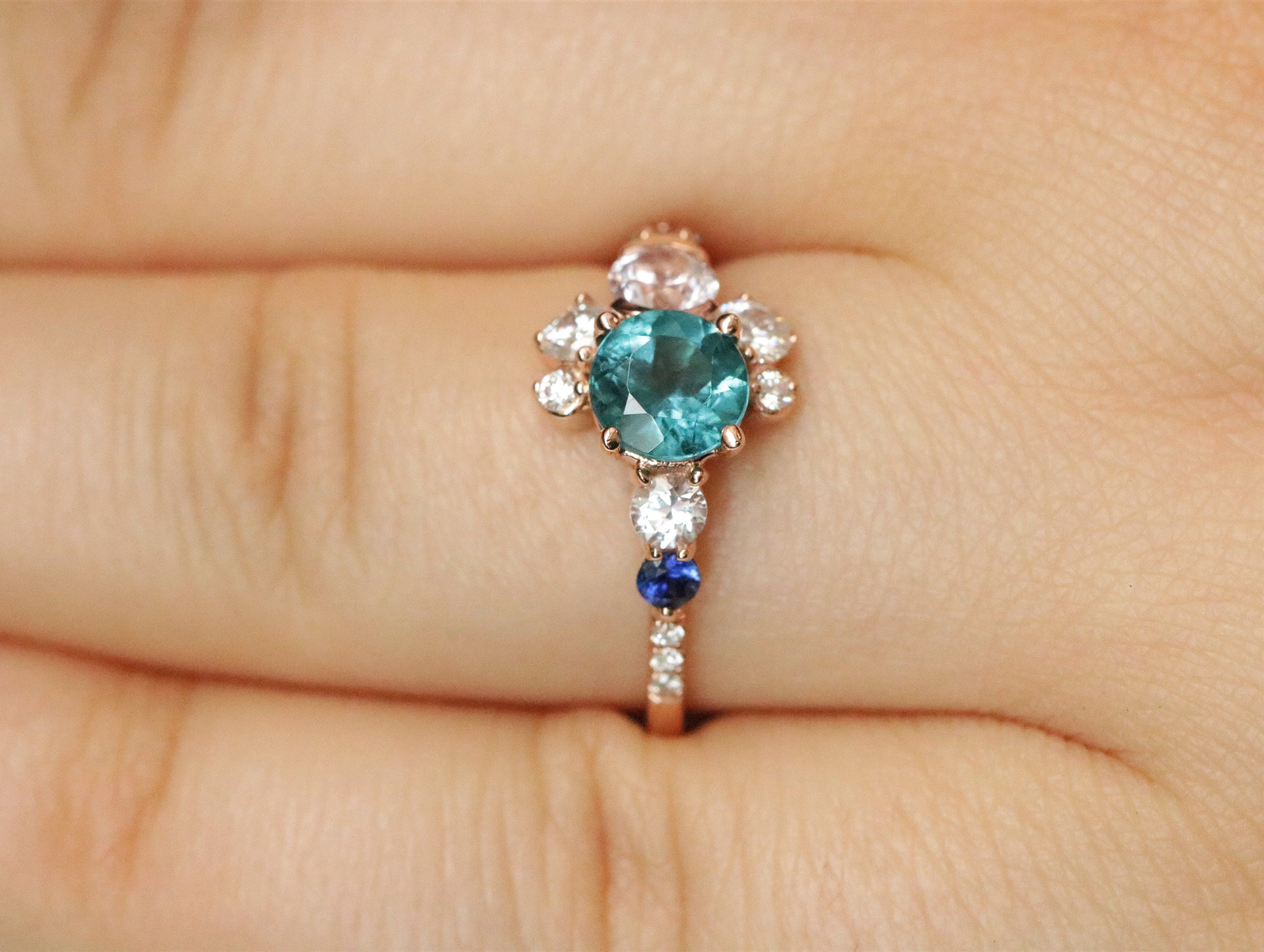 Trilogy indicolite and pink tourmaline ring
