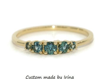 5 Stone Tapered Cluster Ring with Teal Blue Green Natural Sapphire Stones Custom Made