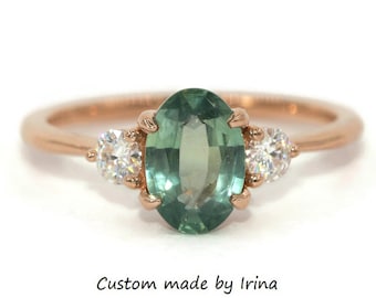 Custom Made Oval Teal Green Sapphire 3 Stone Engagement Ring