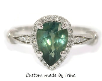Diamond Halo 2 ct Teal Green Pear Natural Sapphire Engagement Ring 14k Solid Gold