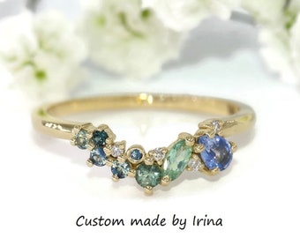 Blue Green Natural Sapphires + Alexandrite Ombre Cluster Ring