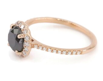 7 mm Black Natural Diamond Cathedral Engagement Ring 14k Solid Gold